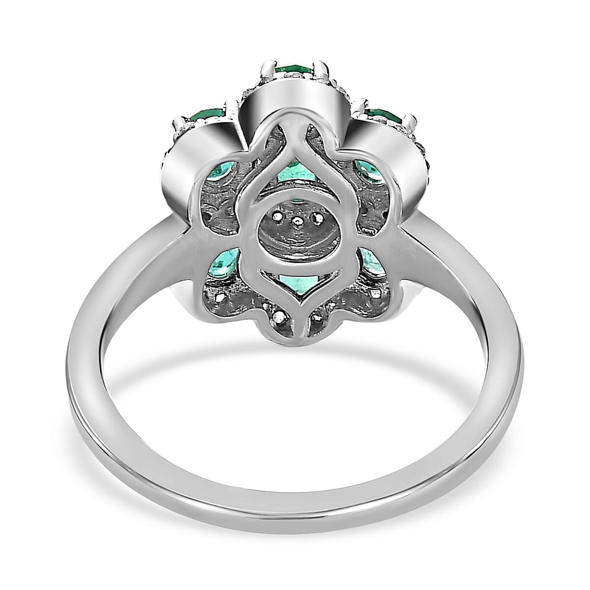 Collectors Edition- AAA Gemfields Emerald Natural White Zircon Cocktail Ring in Platinum Overlay Sterling Silver 1.45 Ct