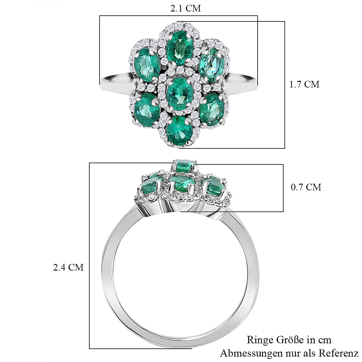 Collectors Edition- AAA Gemfields Emerald Natural White Zircon Cocktail Ring in Platinum Overlay Sterling Silver 1.45 Ct