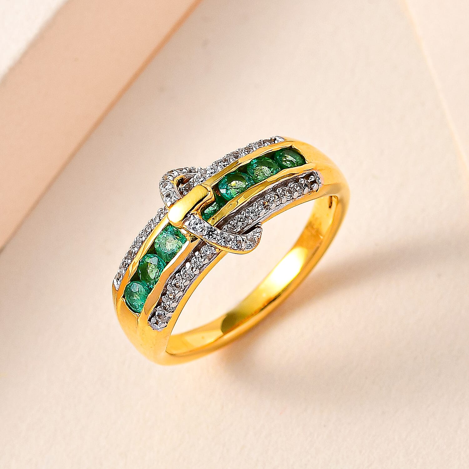 AAA Gemfields Emerald & Natural Zircon Ring in 18K Yellow Gold Vermeil Plated Sterling Silver