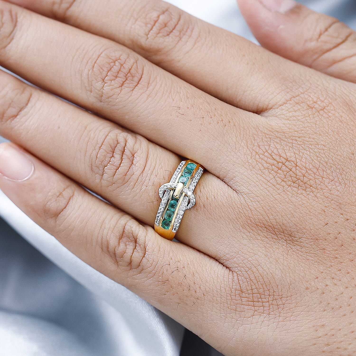 AAA Gemfields Emerald & Natural Zircon Ring in 18K Yellow Gold Vermeil Plated Sterling Silver