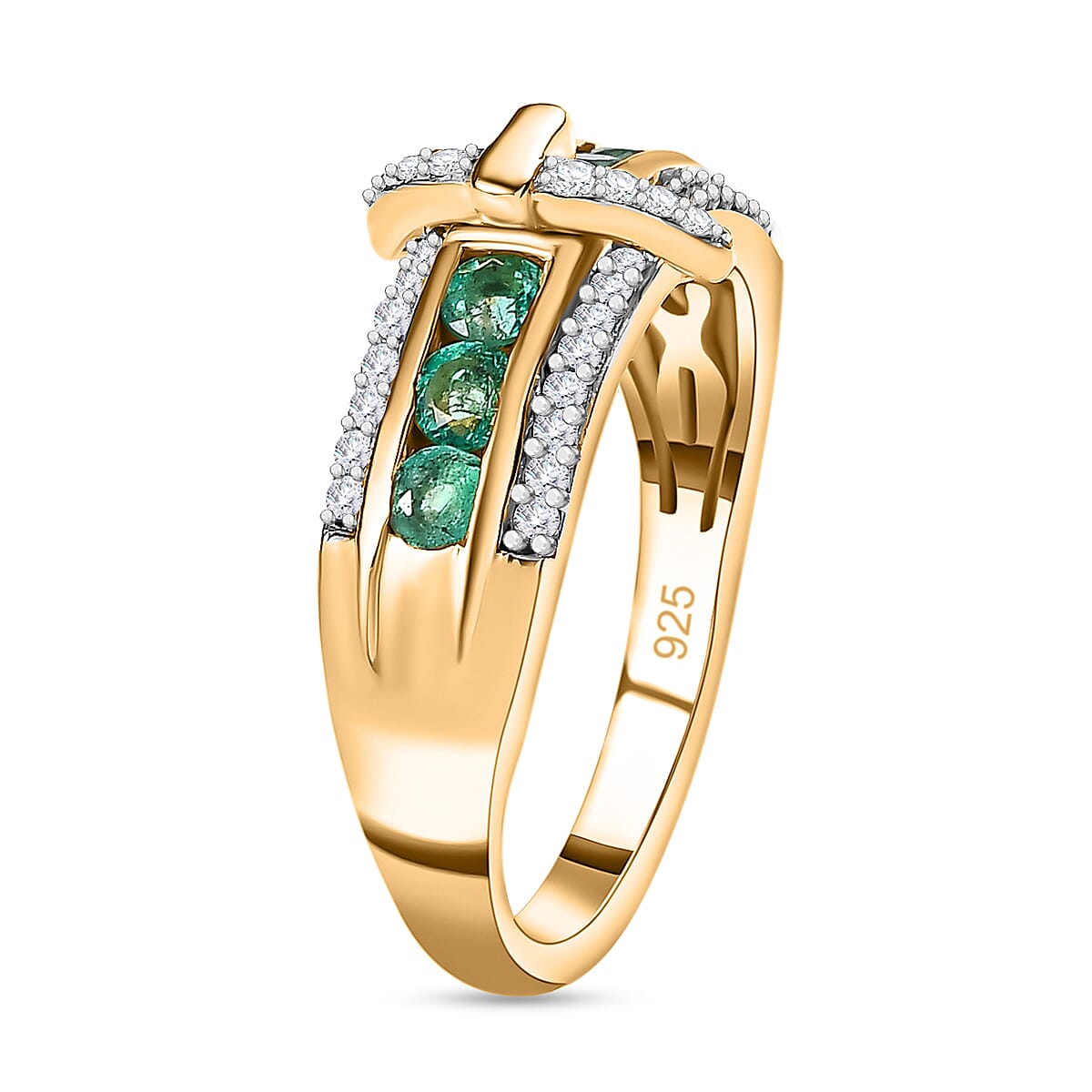 AAA Gemfields Emerald & Natural Zircon Ring in 18K Yellow Gold Vermeil Plated Sterling Silver