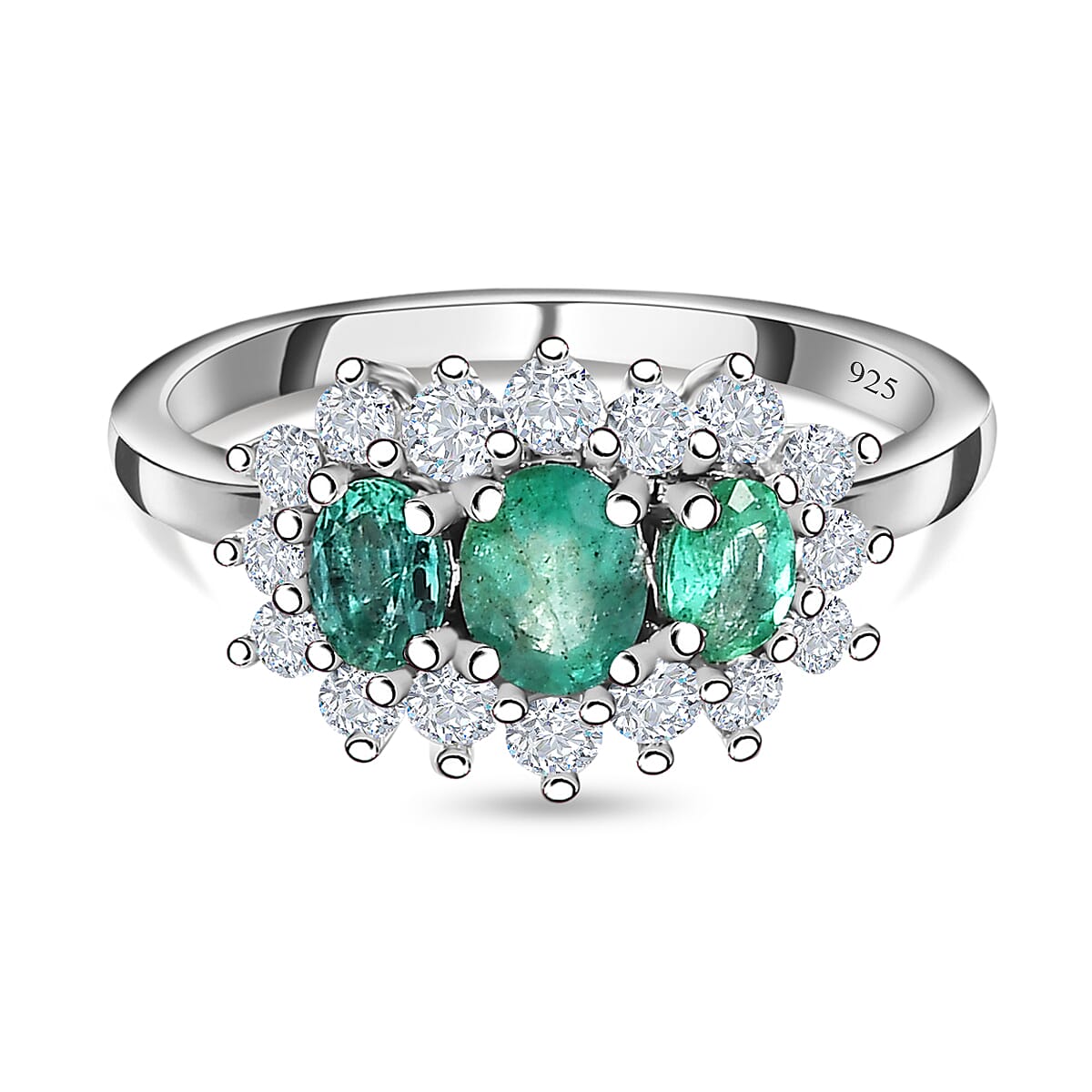 AAA Gemfields Emerald & Natural Zircon Ring in Platinum Overlay Sterling Silver 1.26 Ct.