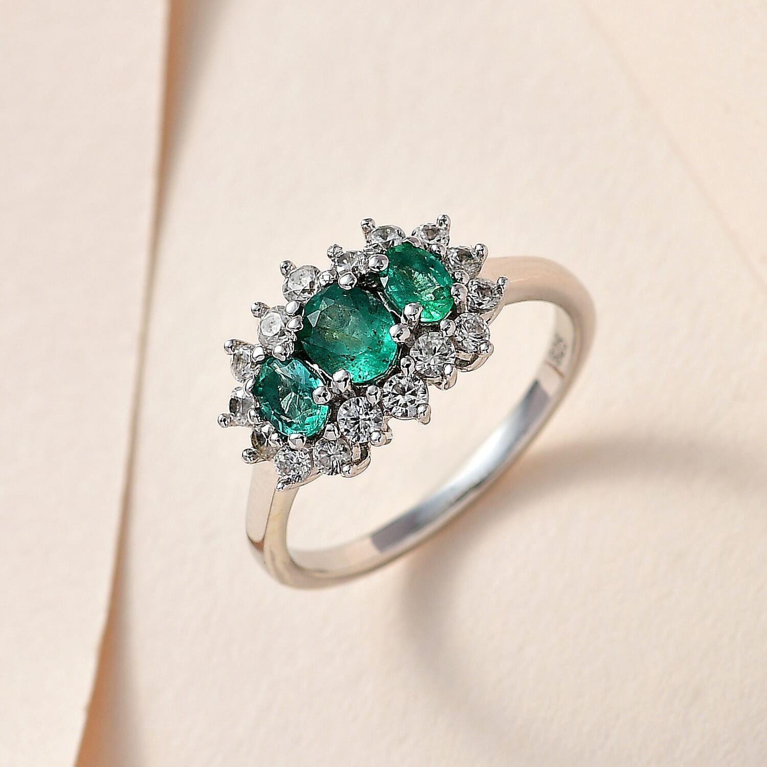 AAA Gemfields Emerald & Natural Zircon Ring in Platinum Overlay Sterling Silver 1.26 Ct.