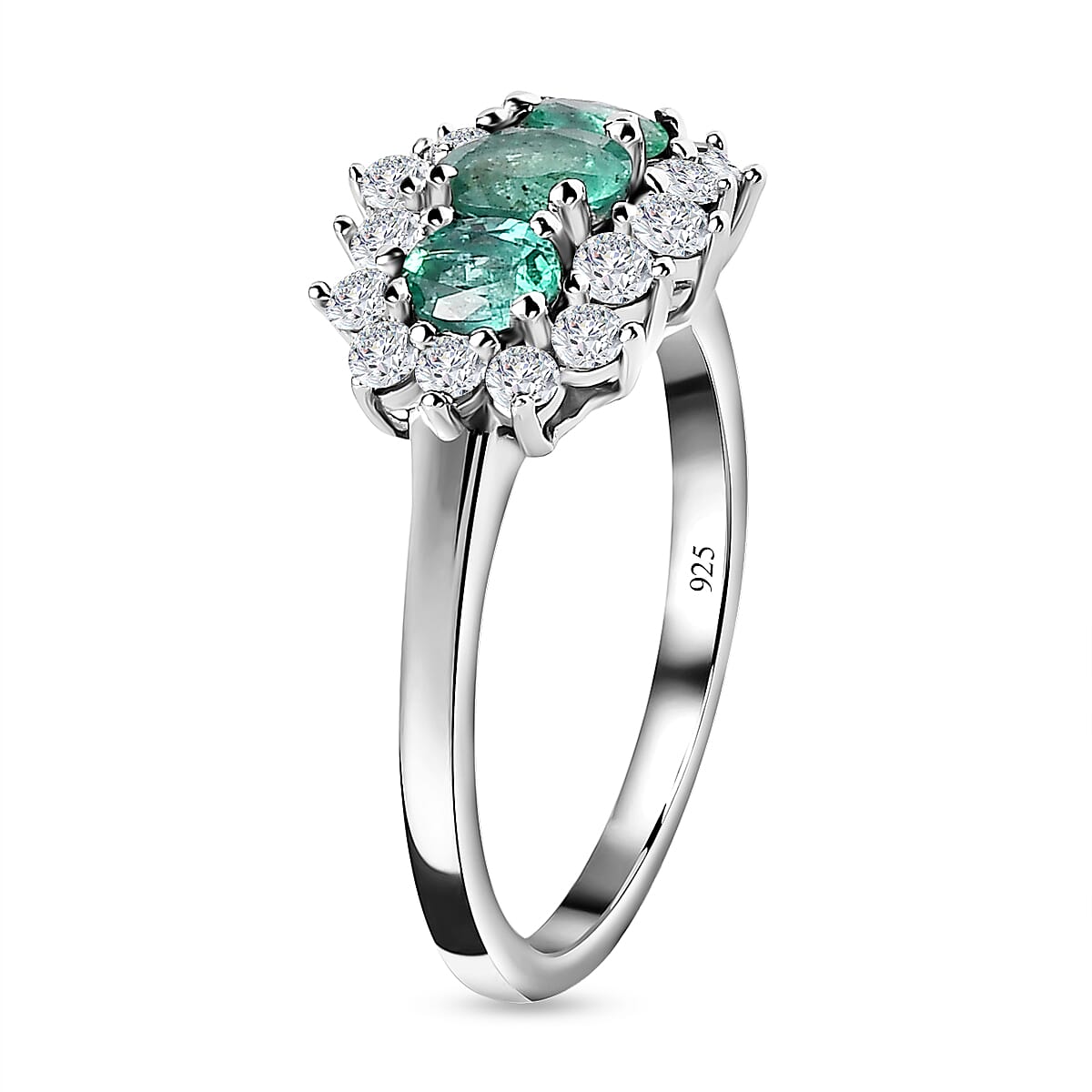 AAA Gemfields Emerald & Natural Zircon Ring in Platinum Overlay Sterling Silver 1.26 Ct.