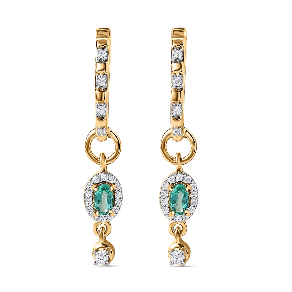 AAA Gemfields Emerald & Natural Zircon Dangling Hoop Earrings in 18K Yellow Gold Vermeil Plated Sterling Silver
