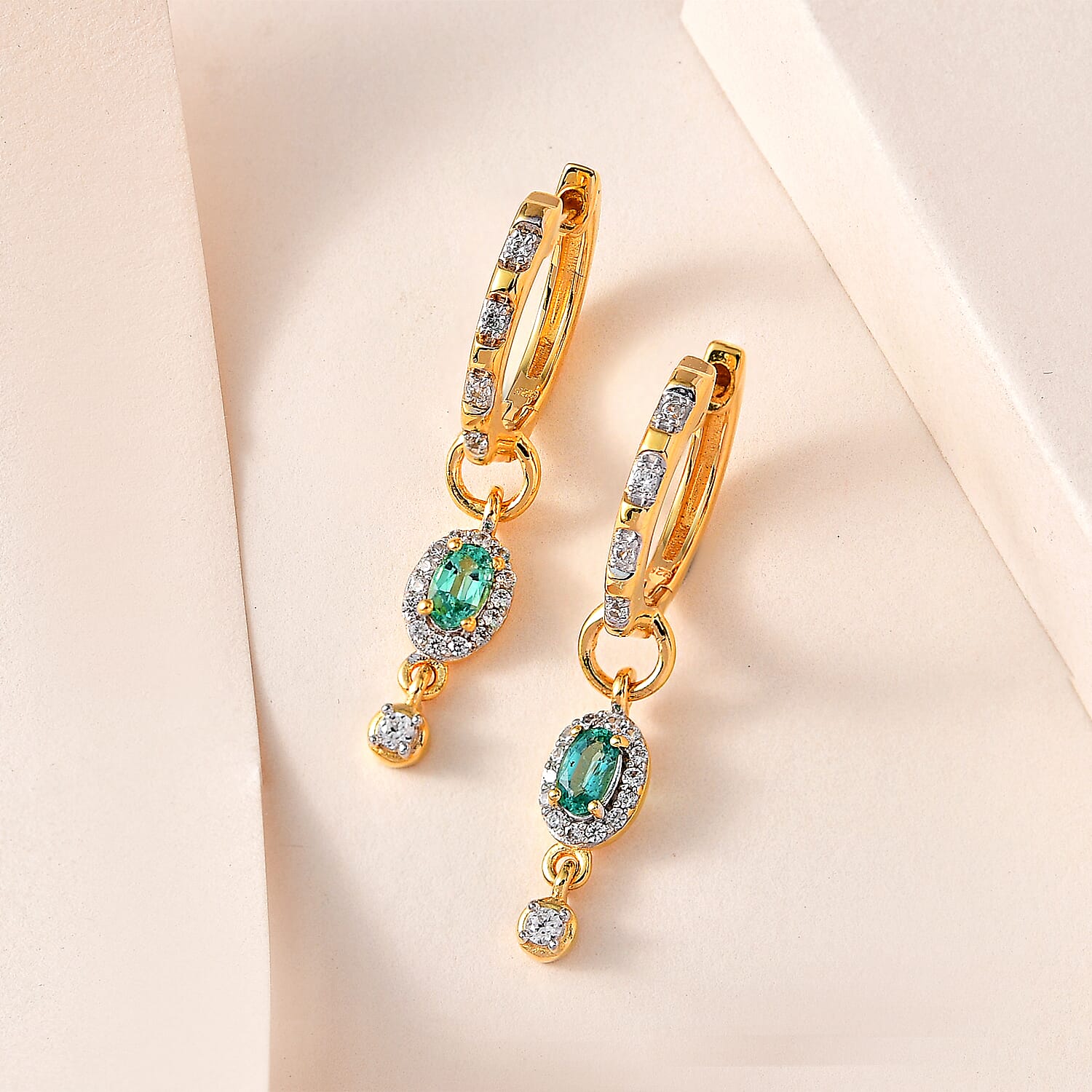 AAA Gemfields Emerald & Natural Zircon Dangling Hoop Earrings in 18K Yellow Gold Vermeil Plated Sterling Silver