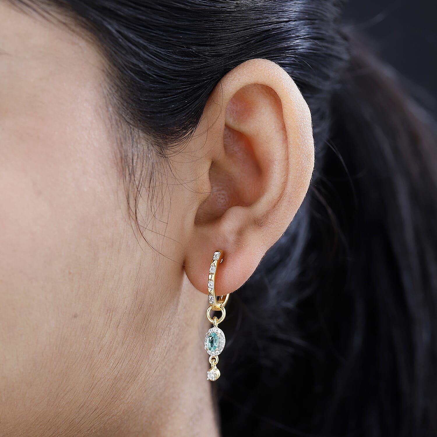 AAA Gemfields Emerald & Natural Zircon Dangling Hoop Earrings in 18K Yellow Gold Vermeil Plated Sterling Silver