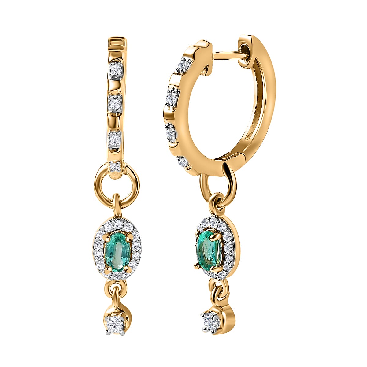 AAA Gemfields Emerald & Natural Zircon Dangling Hoop Earrings in 18K Yellow Gold Vermeil Plated Sterling Silver
