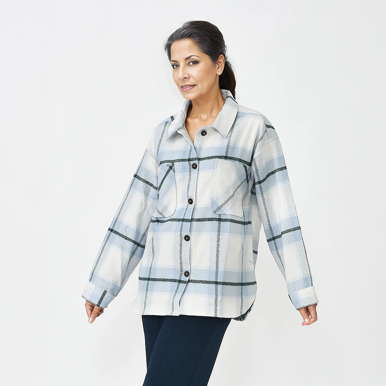 Tamsy 100% Cotton Checker Shacket with Two Pockets (Size M) - Light Blue & White