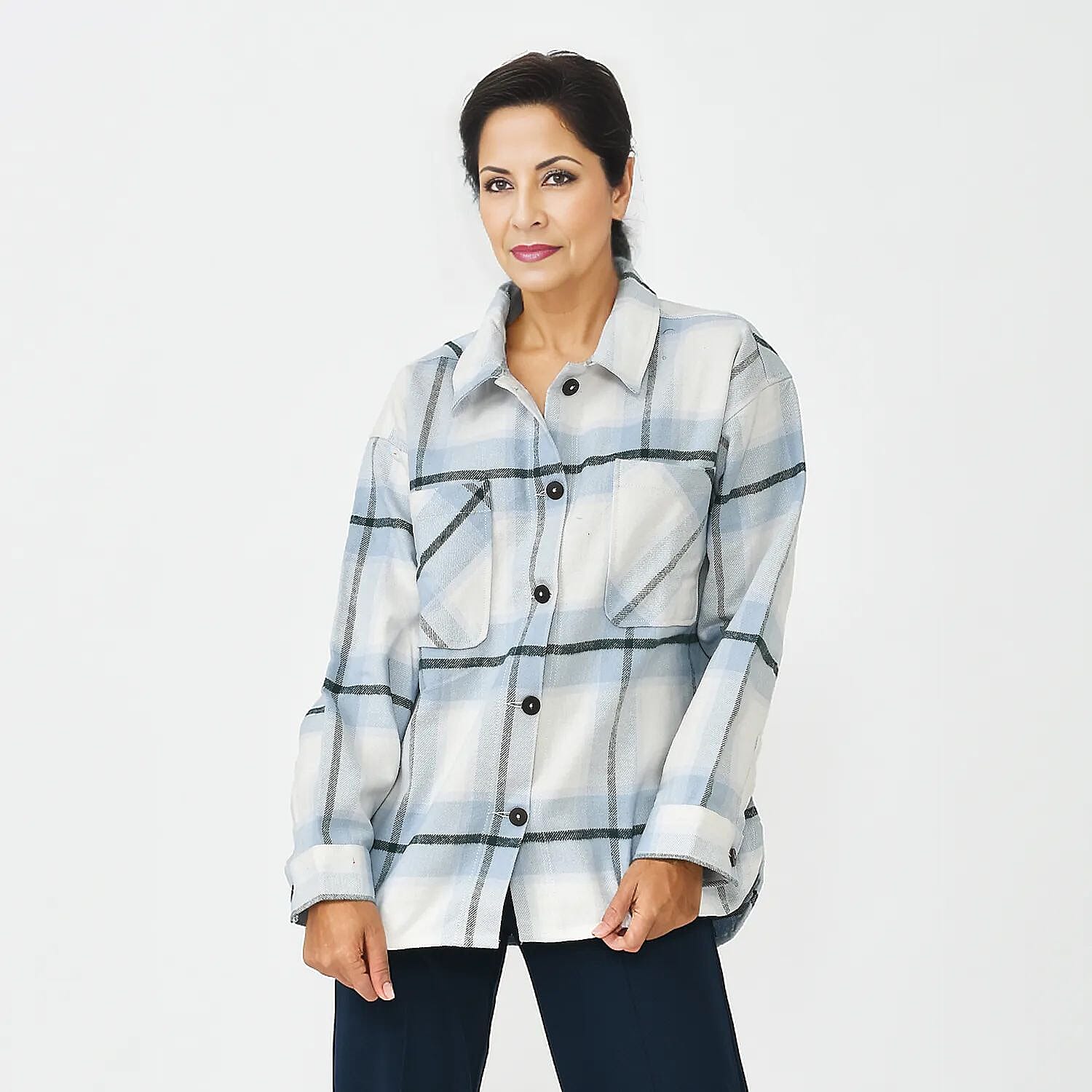 Tamsy 100% Cotton Checker Shacket with Two Pockets (Size M) - Light Blue & White