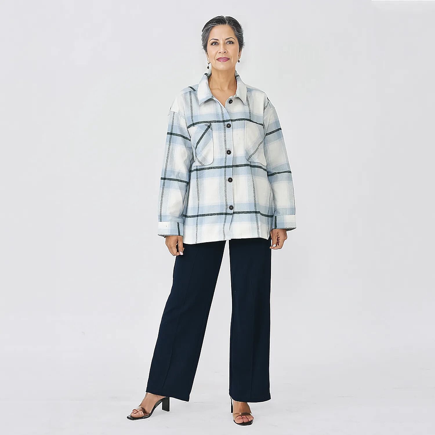 Tamsy 100% Cotton Checker Shacket with Two Pockets (Size L) - Light Blue & White