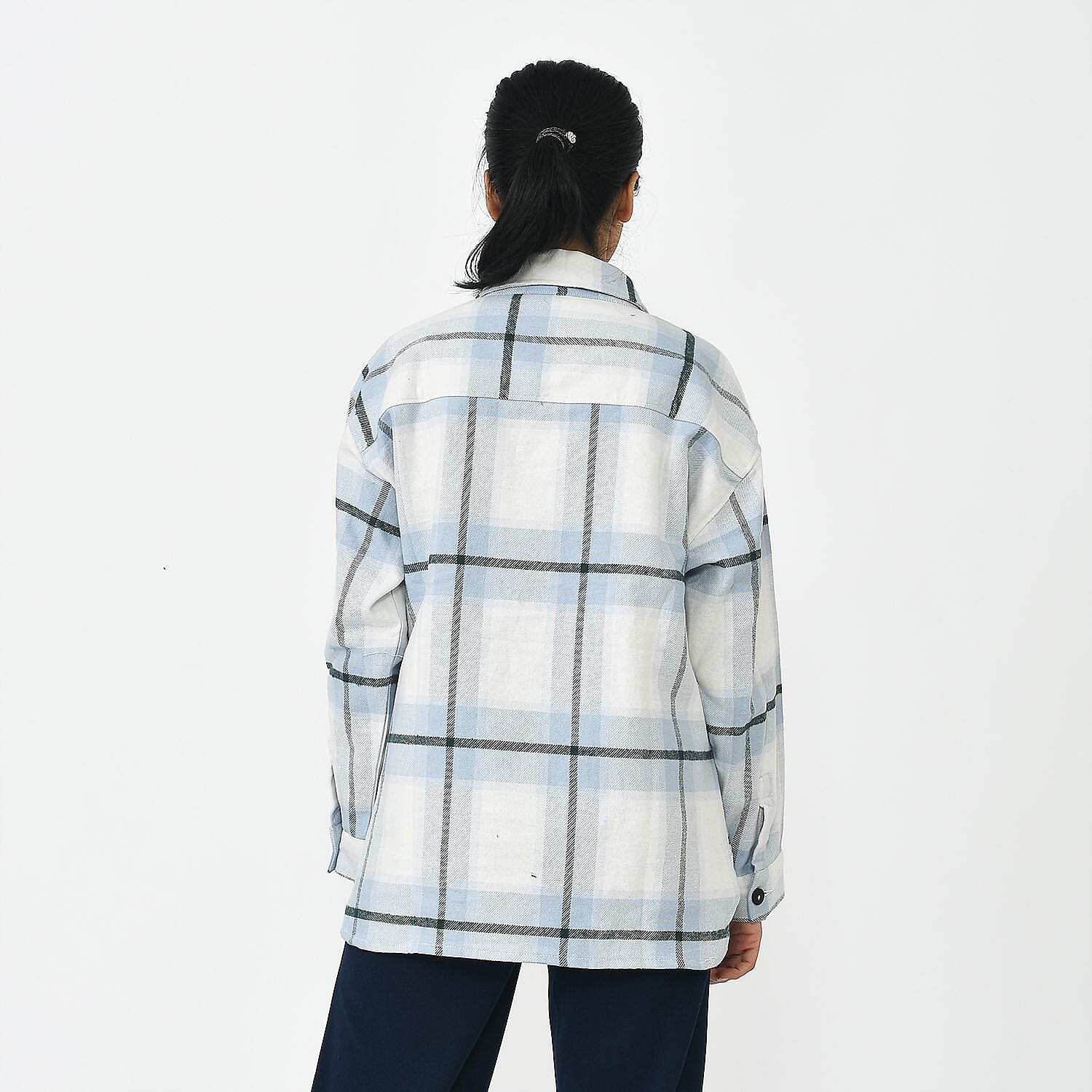 Tamsy 100% Cotton Checker Shacket with Two Pockets (Size L) - Light Blue & White