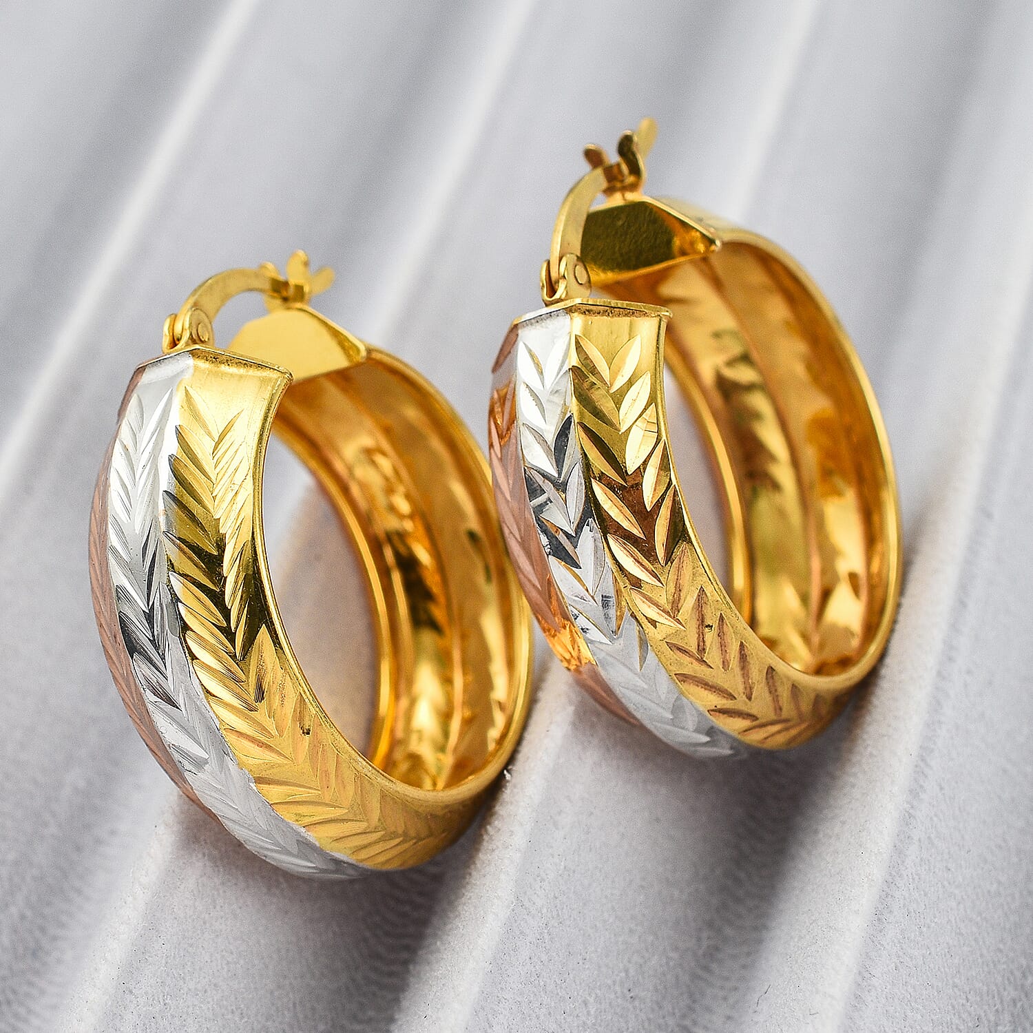 NY Closeout - Three Tone (Yellow-Rose-White) Sterling Silver Diamond-Cut Hoop Earrings