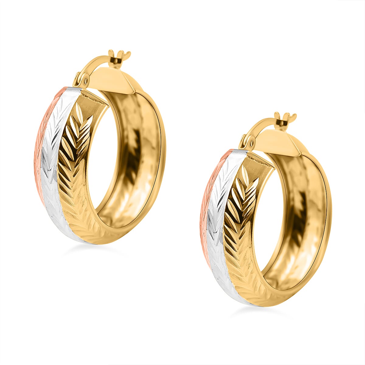 NY Closeout - Three Tone (Yellow-Rose-White) Sterling Silver Diamond-Cut Hoop Earrings