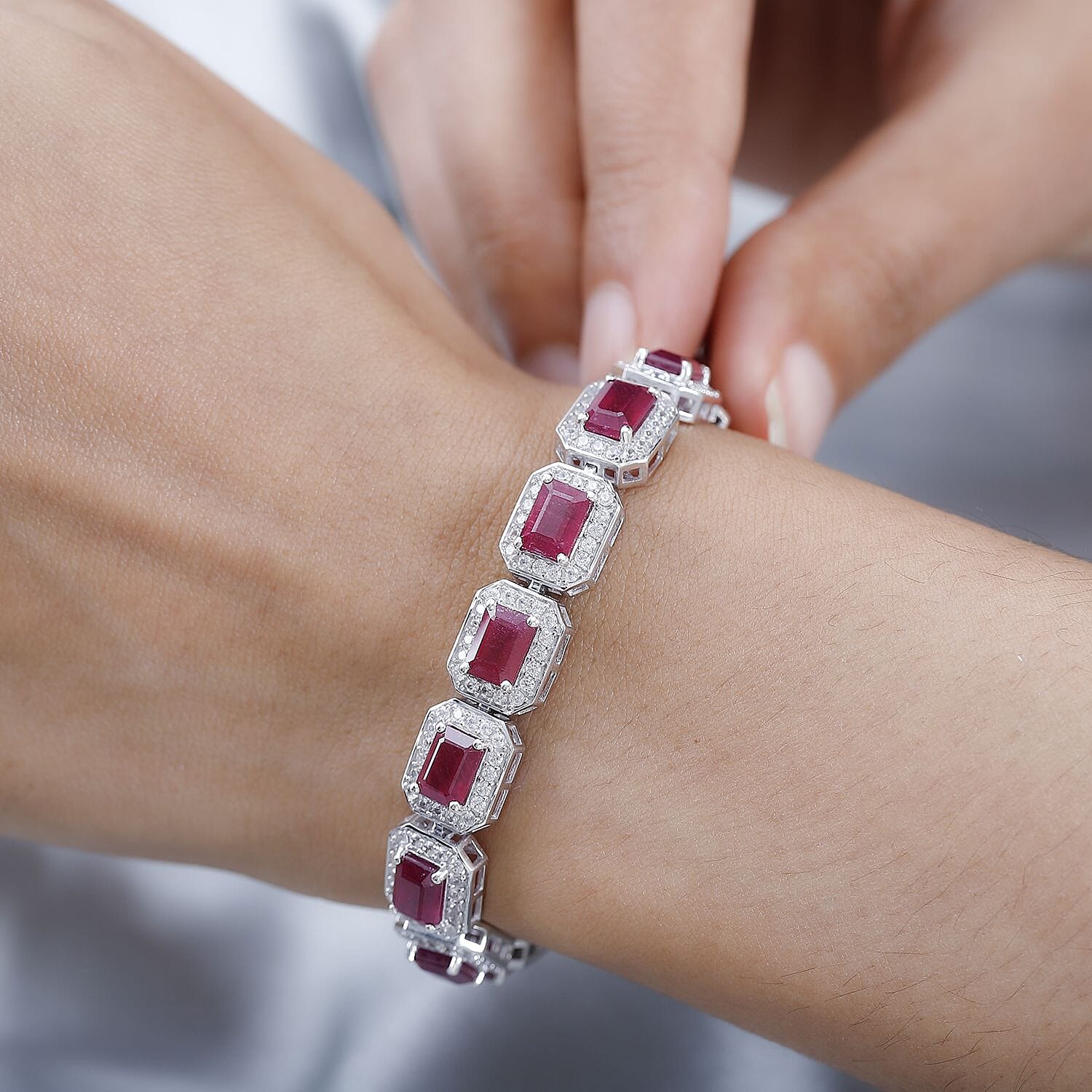 Tucson Special - Doorbuster - Premium Quality African Ruby & Natural Zircon Tennis Bracelet (Size - 7) in Platinum Overlay Sterling Silver 27.10 Ct, Silver Wt. 17.67 Gms