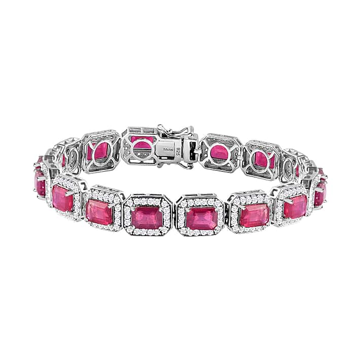 African Ruby and White Zircon Cluster Bracelet (Size - 7.5 Inch) in Platinum Overlay Sterling Silver 28.72 ct