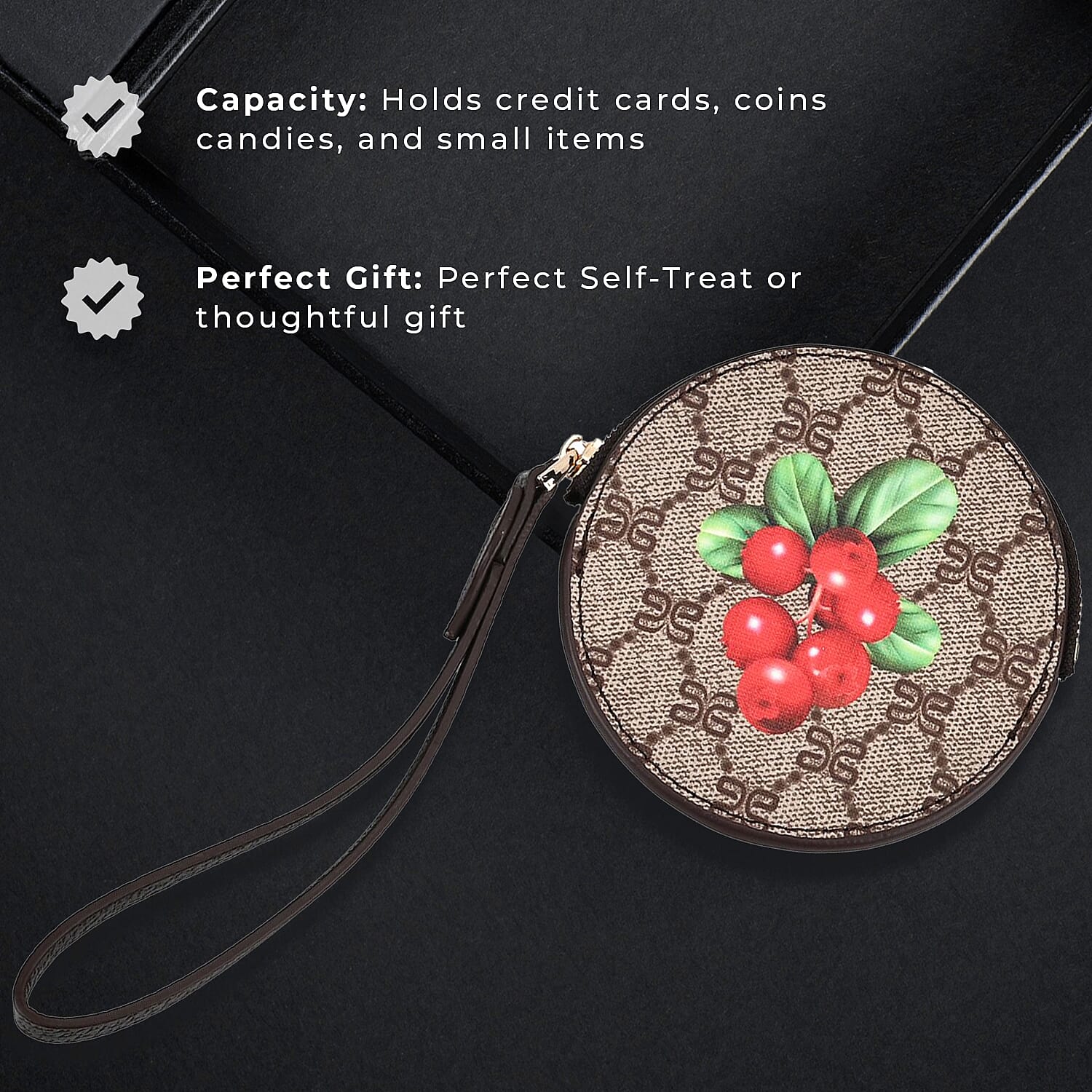 Apple Print Round Wallet with Wrist Strap - Brown & Red