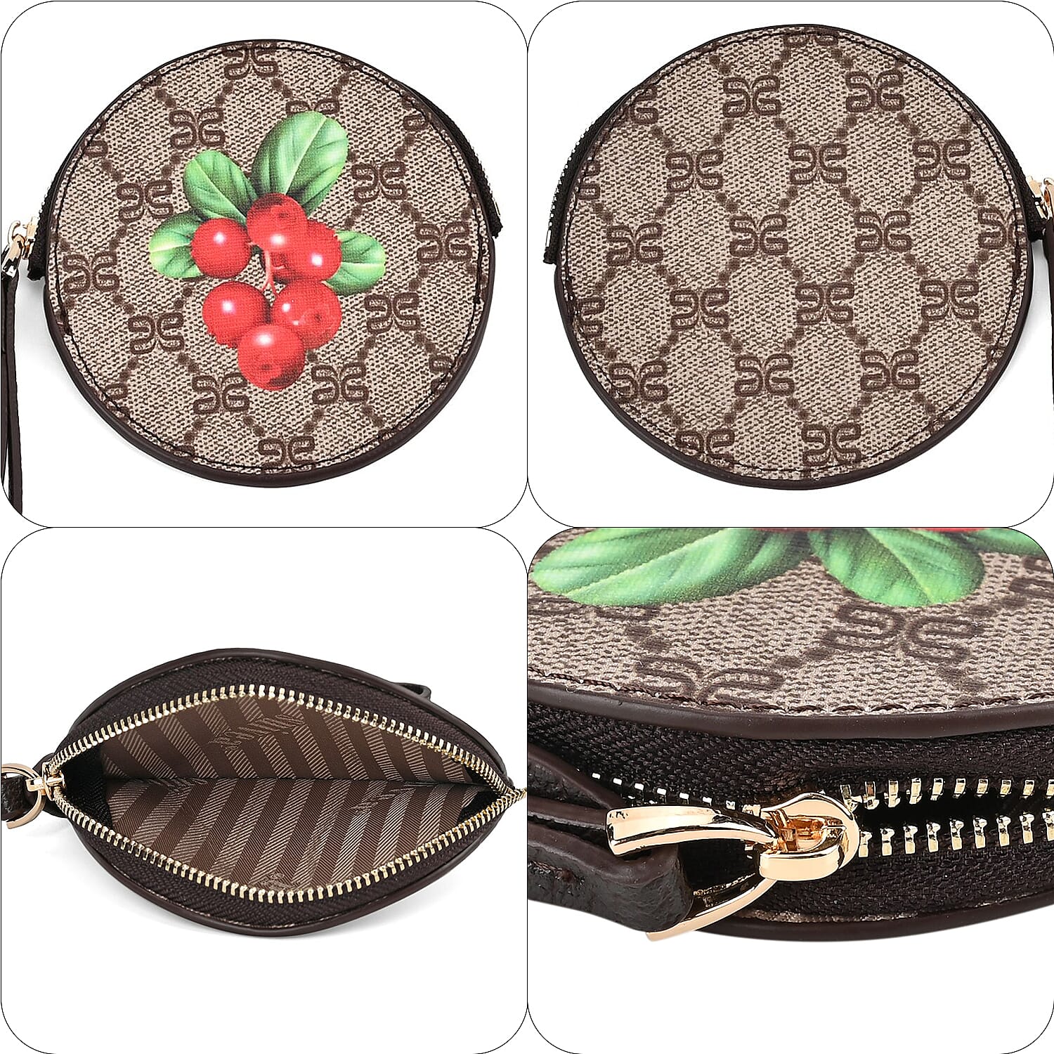 Apple Print Round Wallet with Wrist Strap - Brown & Red