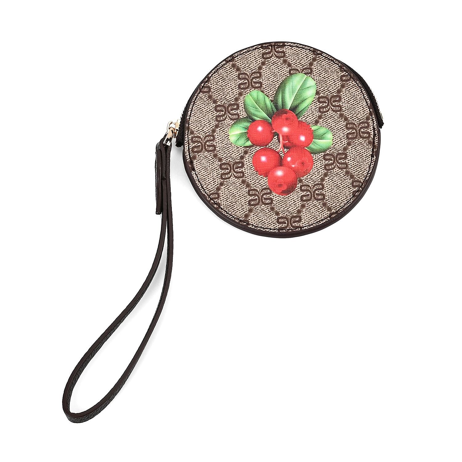 Apple Print Round Wallet with Wrist Strap - Brown & Red