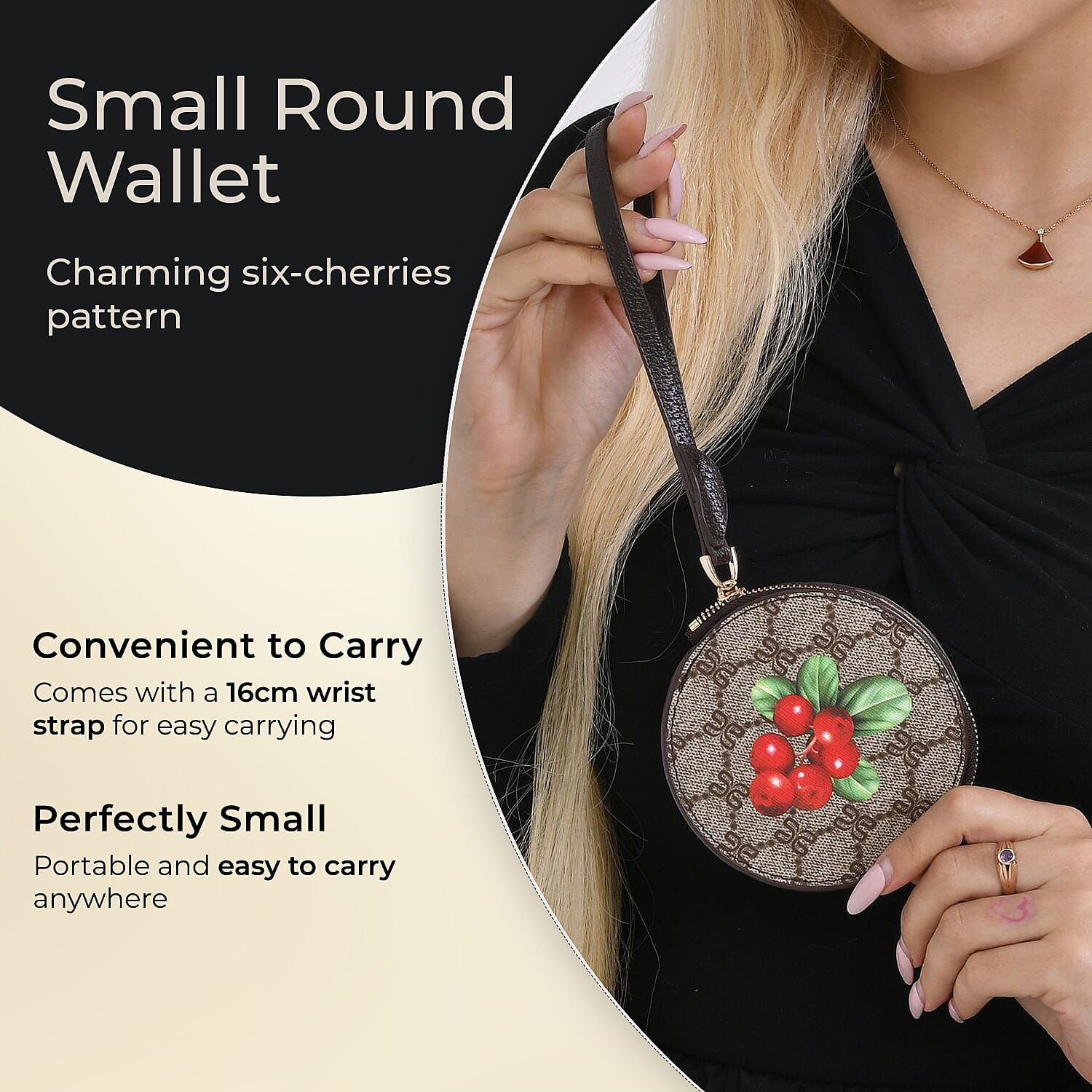 Apple Print Round Wallet with Wrist Strap - Brown & Red