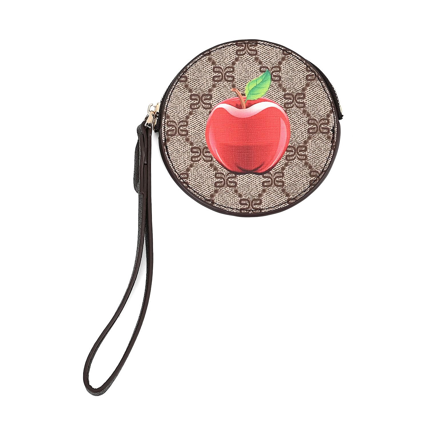 Apple Print Round Wallet with Exterior Zipped Pocket & Wrist Strap - Brown & Red
