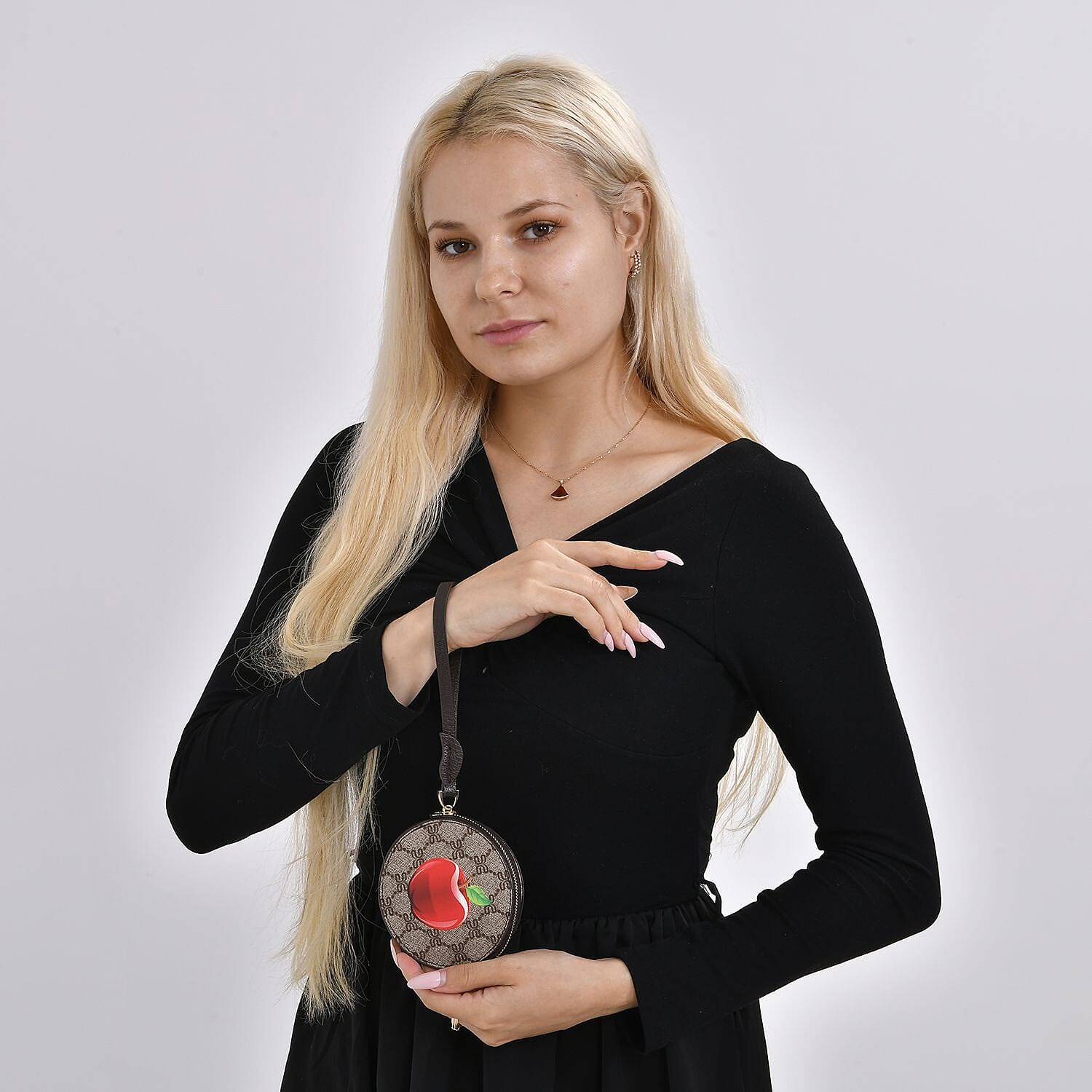 Apple Print Round Wallet with Exterior Zipped Pocket & Wrist Strap - Brown & Red