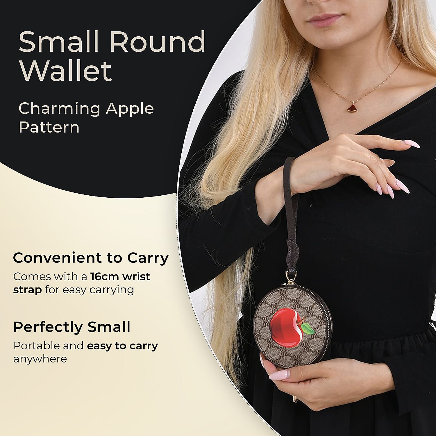 Apple Print Round Wallet with Exterior Zipped Pocket & Wrist Strap - Brown & Red