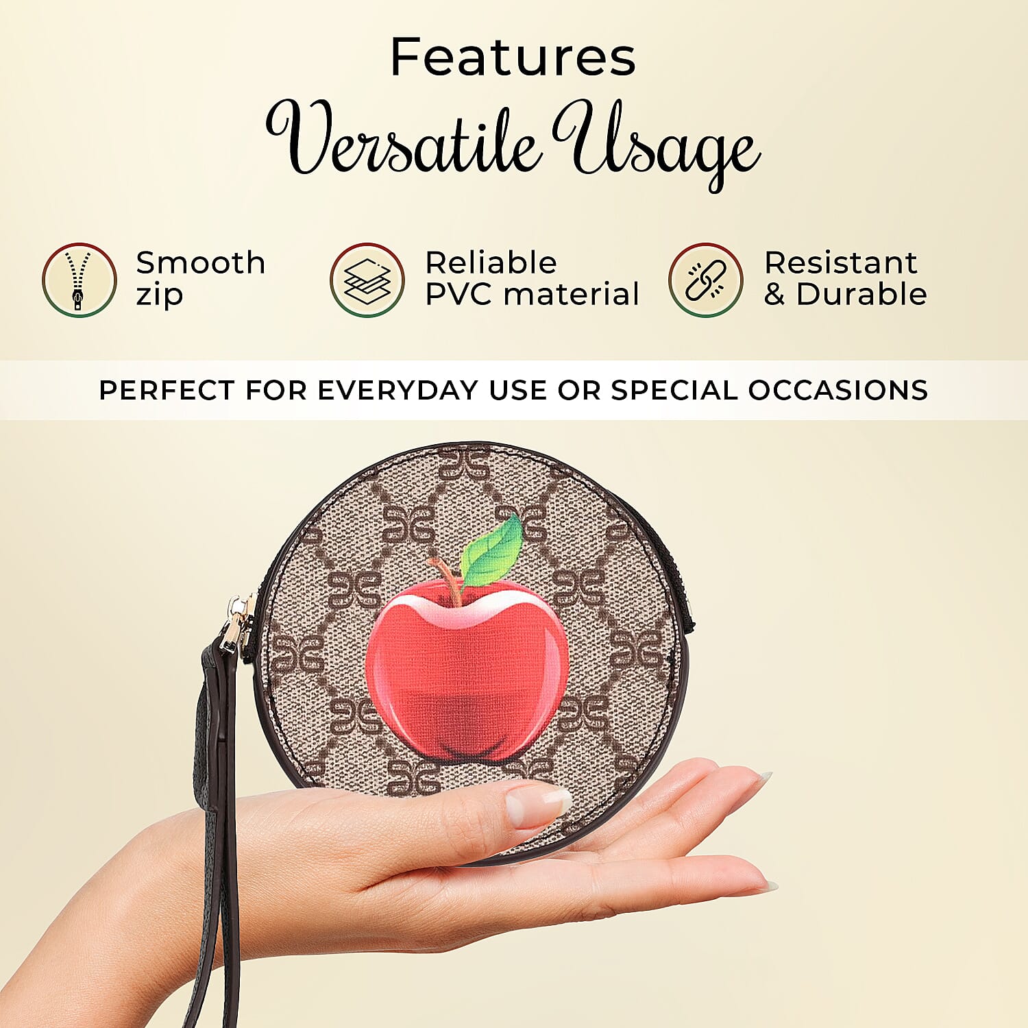 Apple Print Round Wallet with Exterior Zipped Pocket & Wrist Strap - Brown & Red