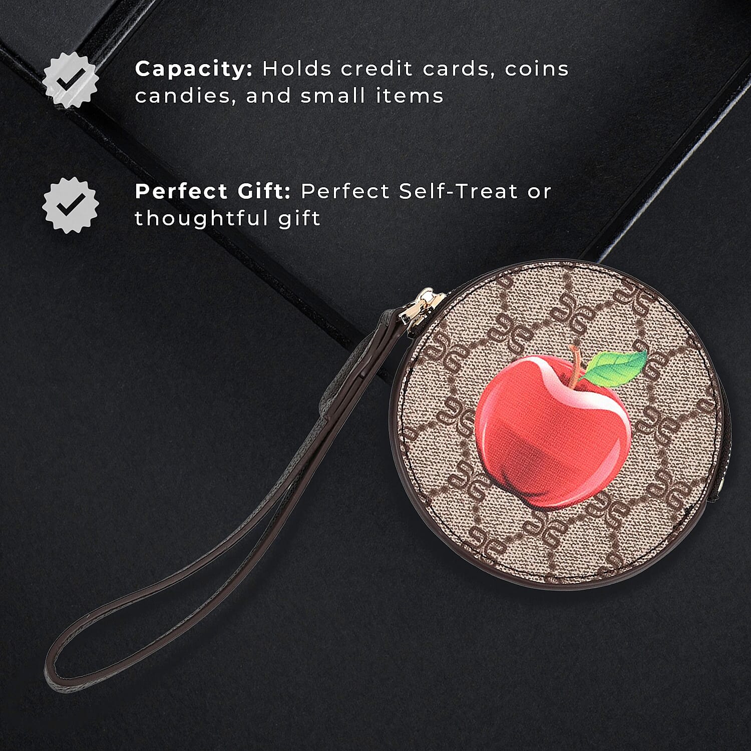 Apple Print Round Wallet with Exterior Zipped Pocket & Wrist Strap - Brown & Red
