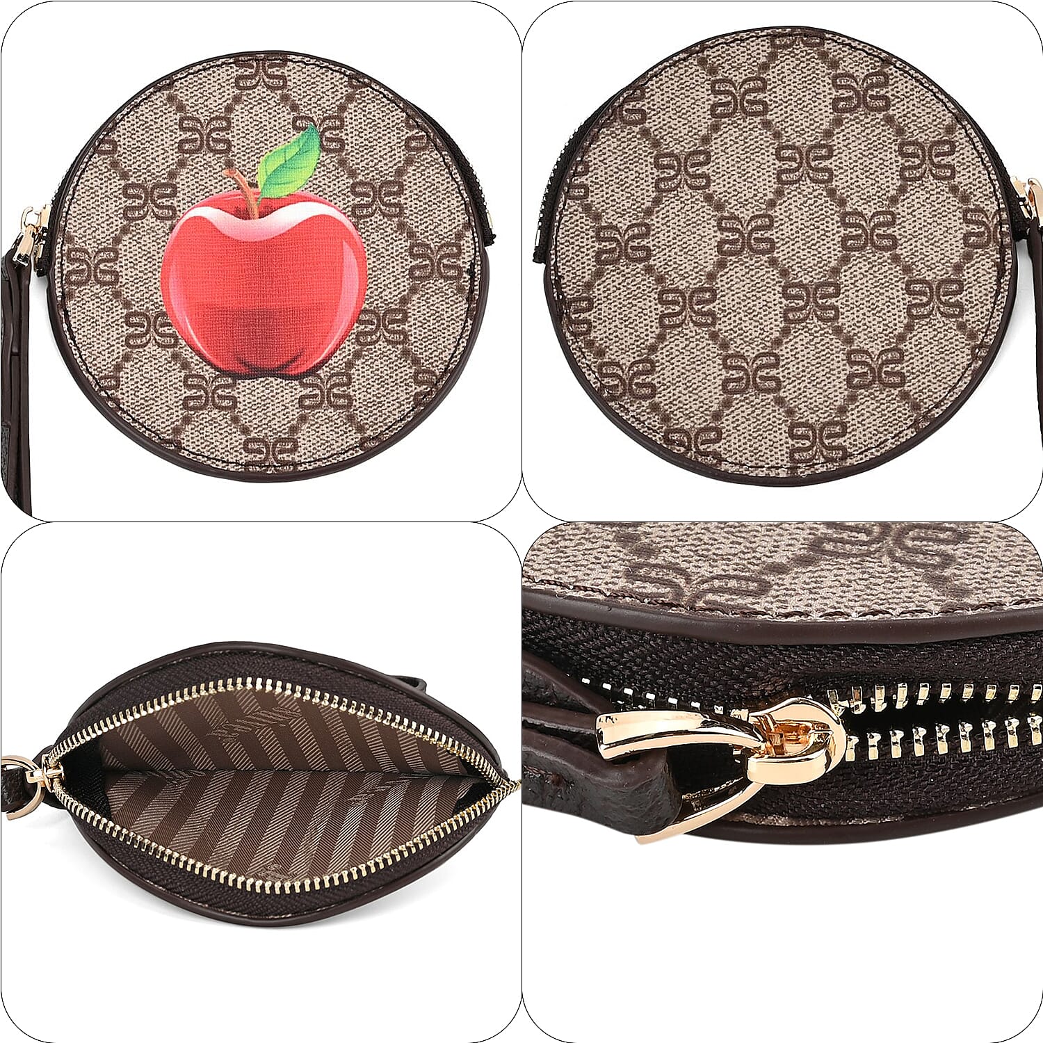 Apple Print Round Wallet with Exterior Zipped Pocket & Wrist Strap - Brown & Red
