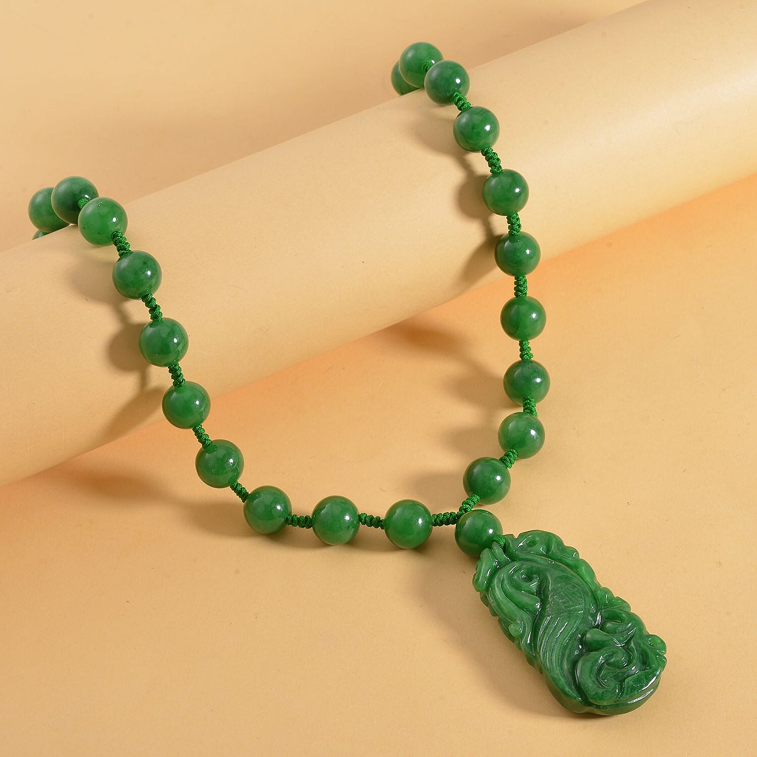 Limited Edition - Hand Carved Green Jade Necklace (Size - 20) in Rhodium Overlay Sterling Silver 460.70 Ct.