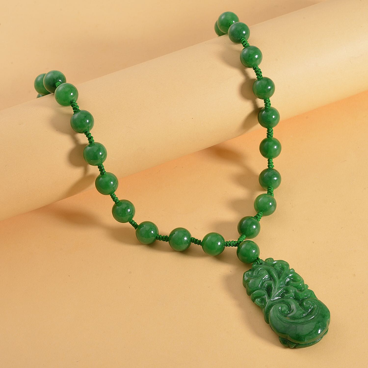 Limited Edition - Hand Carved Green Jade Necklace (Size - 20) in Rhodium Overlay Sterling Silver 460.70 Ct.
