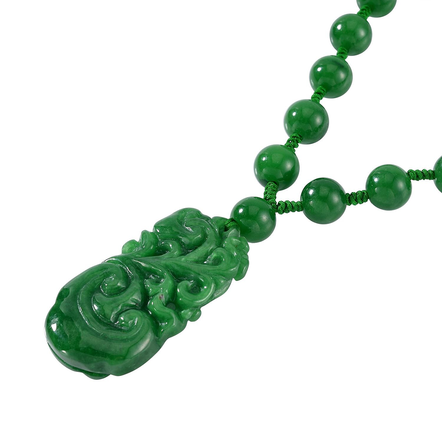 Limited Edition - Hand Carved Green Jade Necklace (Size - 20) in Rhodium Overlay Sterling Silver 460.70 Ct.