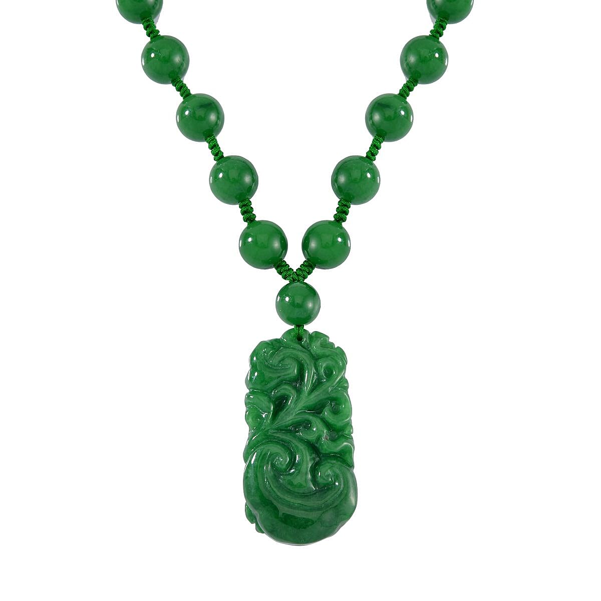 Limited Edition - Hand Carved Green Jade Necklace (Size - 20) in Rhodium Overlay Sterling Silver 460.70 Ct.