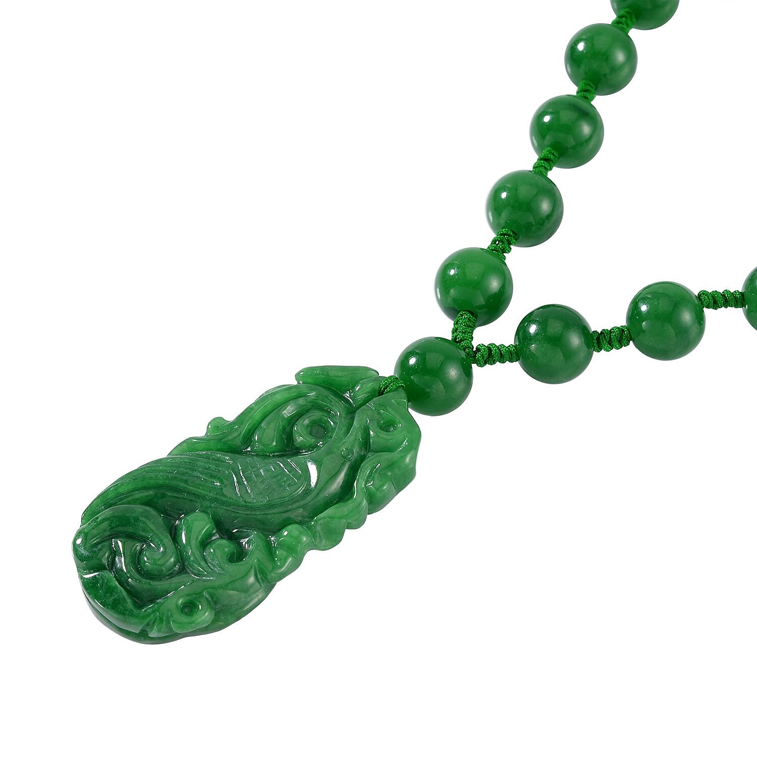 Limited Edition - Hand Carved Green Jade Necklace (Size - 20) in Rhodium Overlay Sterling Silver 460.70 Ct.