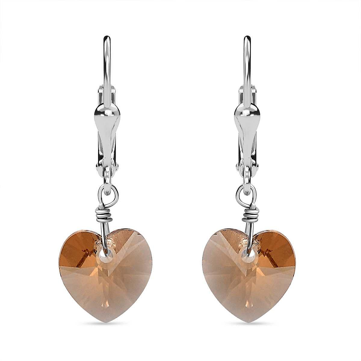 Light Colorado Topaz Finest Austrian Crystal Heart Earrings in Platinum Overlay Sterling Silver