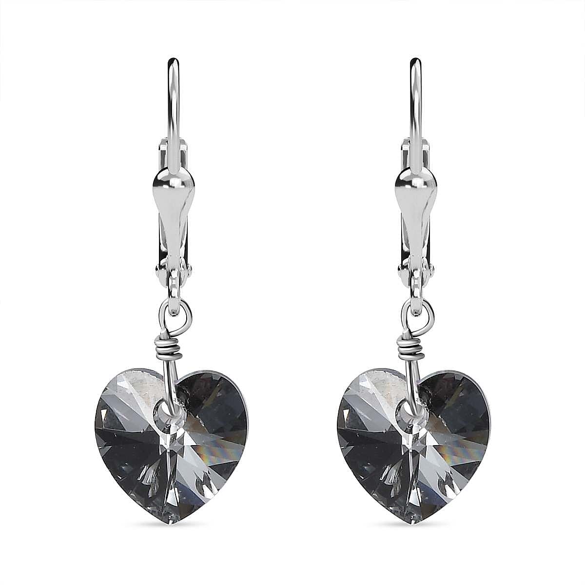 Rainbow Dark Finest Austrian Crystal Heart Earrings in Platinum Overlay Sterling Silver