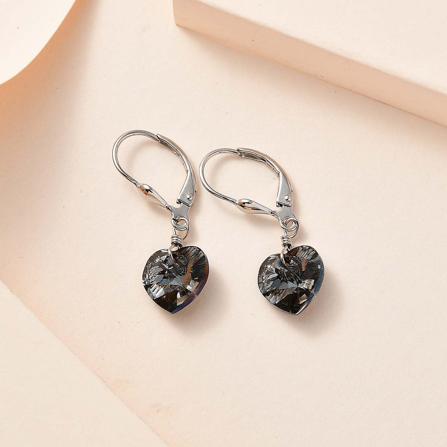 Rainbow Dark Finest Austrian Crystal Heart Earrings in Platinum Overlay Sterling Silver