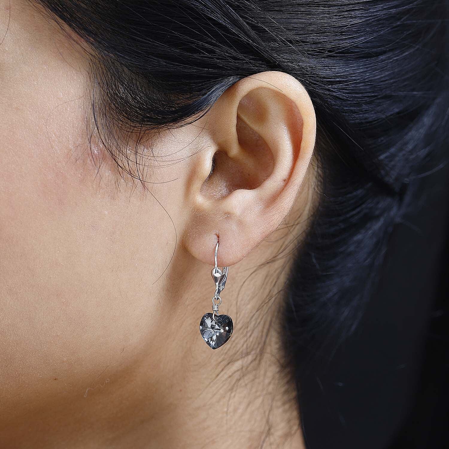 Rainbow Dark Finest Austrian Crystal Heart Earrings in Platinum Overlay Sterling Silver