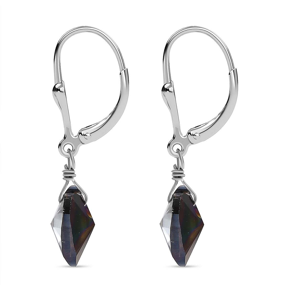 Rainbow Dark Finest Austrian Crystal Heart Earrings in Platinum Overlay Sterling Silver