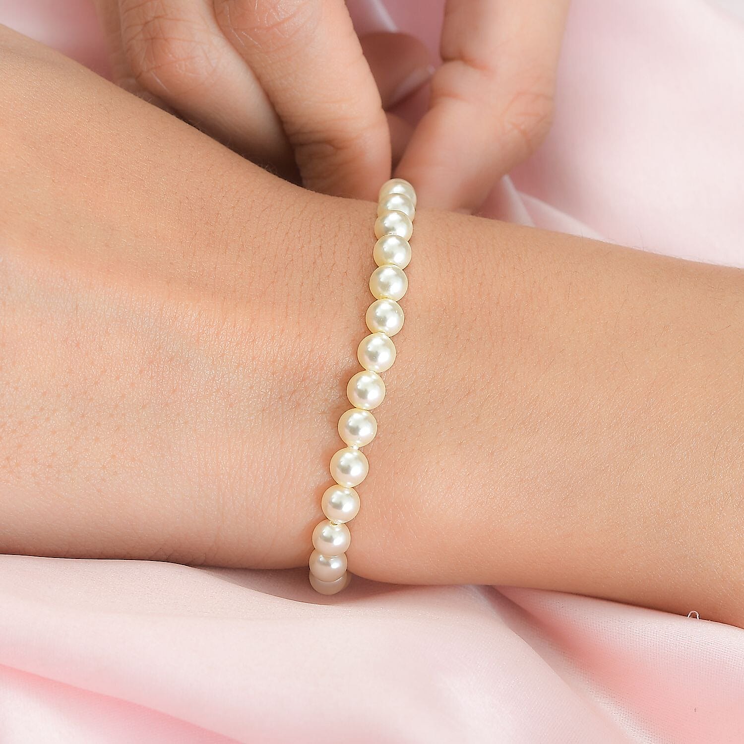 One Time Closeout - Cream Pearl Finest Austrian Crystal Beads Bracelet (Size - 7.5) in Platinum Overlay Sterling Silver