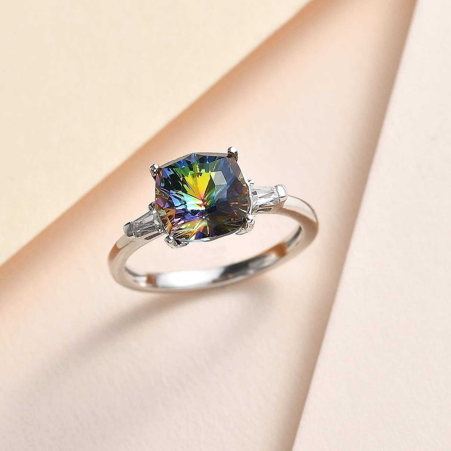 Vitrail Medium Finest Crystal ,  White Cubic Zirconia  Solitaire Ring in Platinum Overlay Sterling Silver 1.70 ct  1.700  Ct.