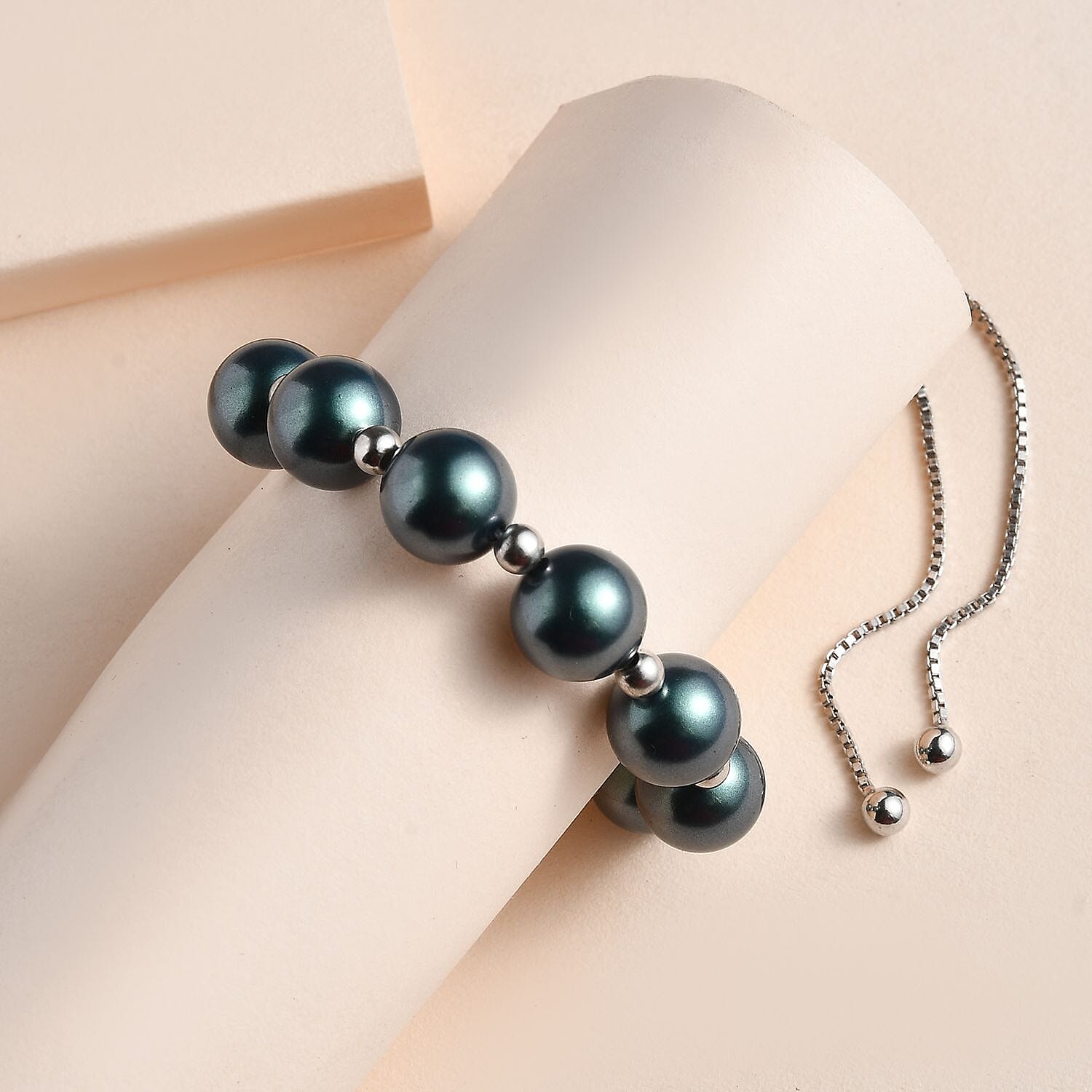 Iridescent Tahitian Pearl Finest Austrian Crystal Beads Adjustable Bracelet (Size - 7.5) in Platinum Overlay Sterling Silver