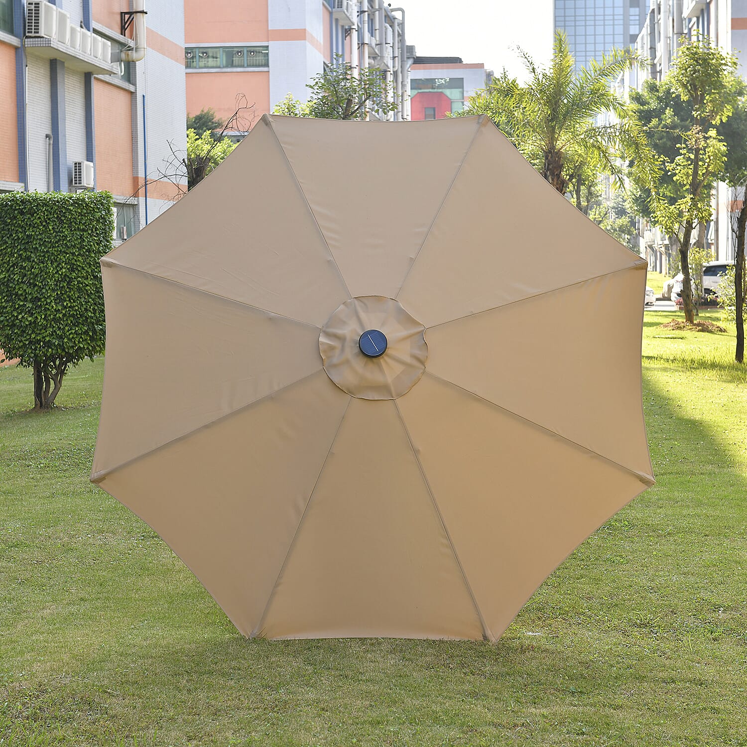 Outdoor Parasol with Solar LED Lights and Solid Base, 2.7m Diameter, 2.5m height - Beige