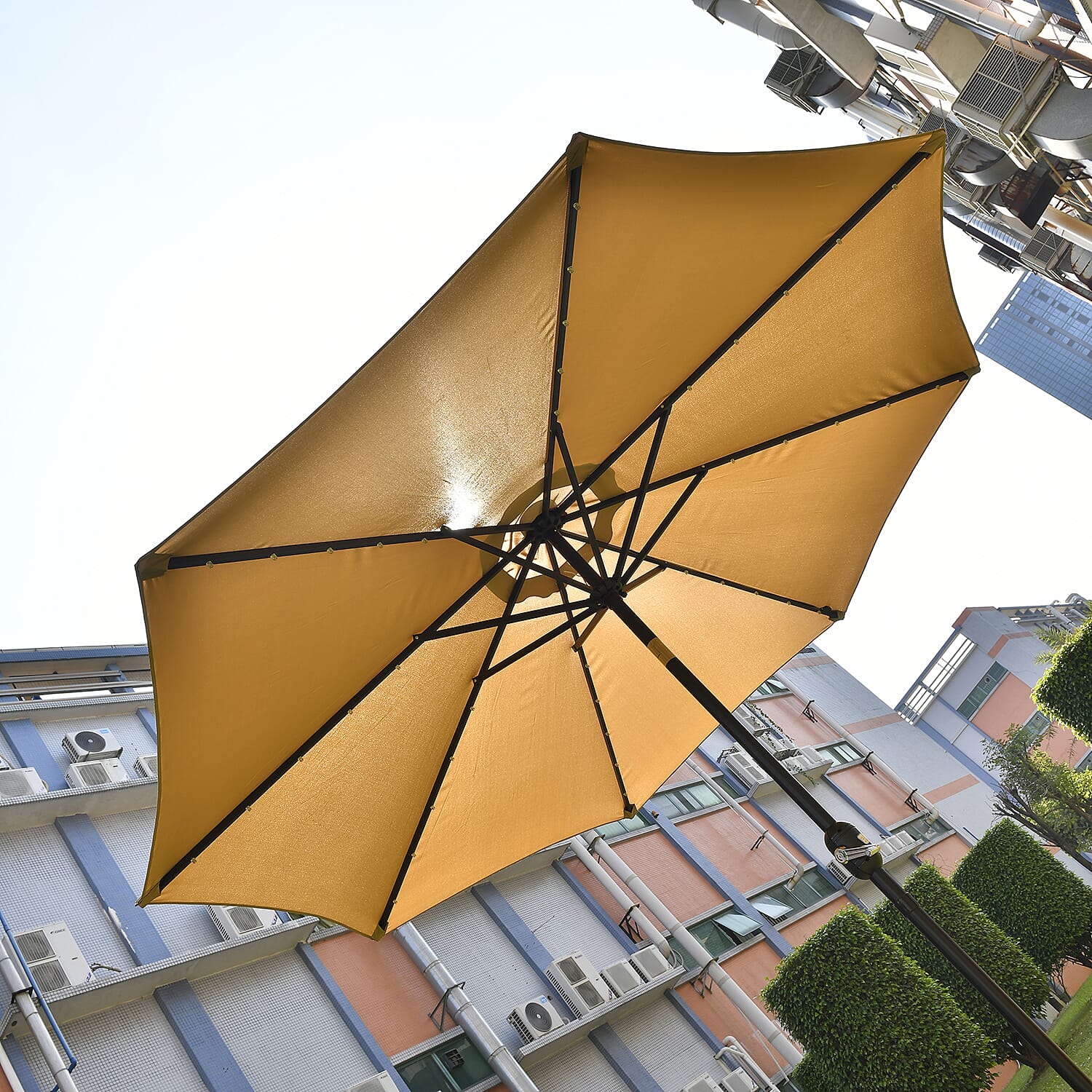 Outdoor Parasol with Solar LED Lights and Solid Base, 2.7m Diameter, 2.5m height - Beige