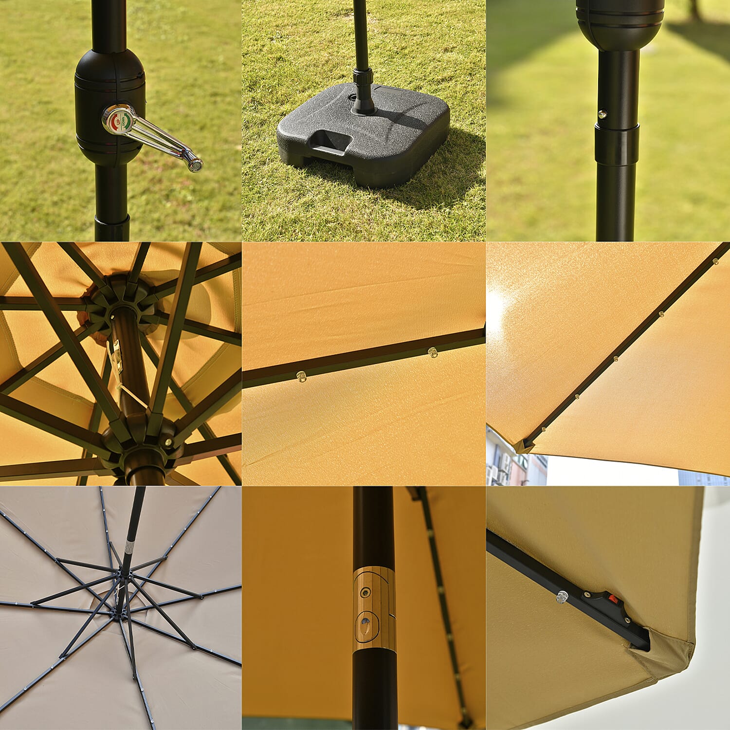 Outdoor Parasol with Solar LED Lights and Solid Base, 2.7m Diameter, 2.5m height - Beige