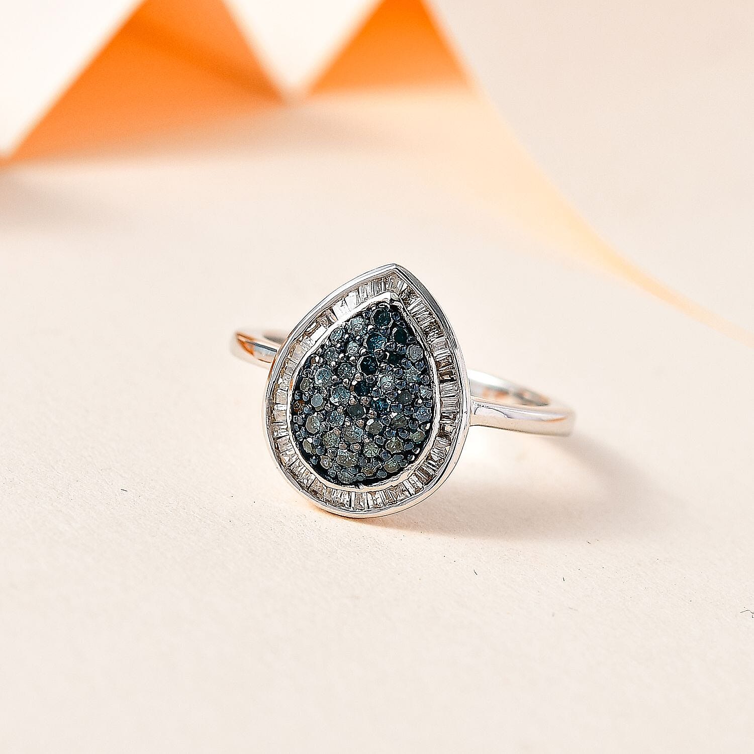 Blue and White Diamond Ring in Platinum Overlay Sterling Silver 0.51 Ct