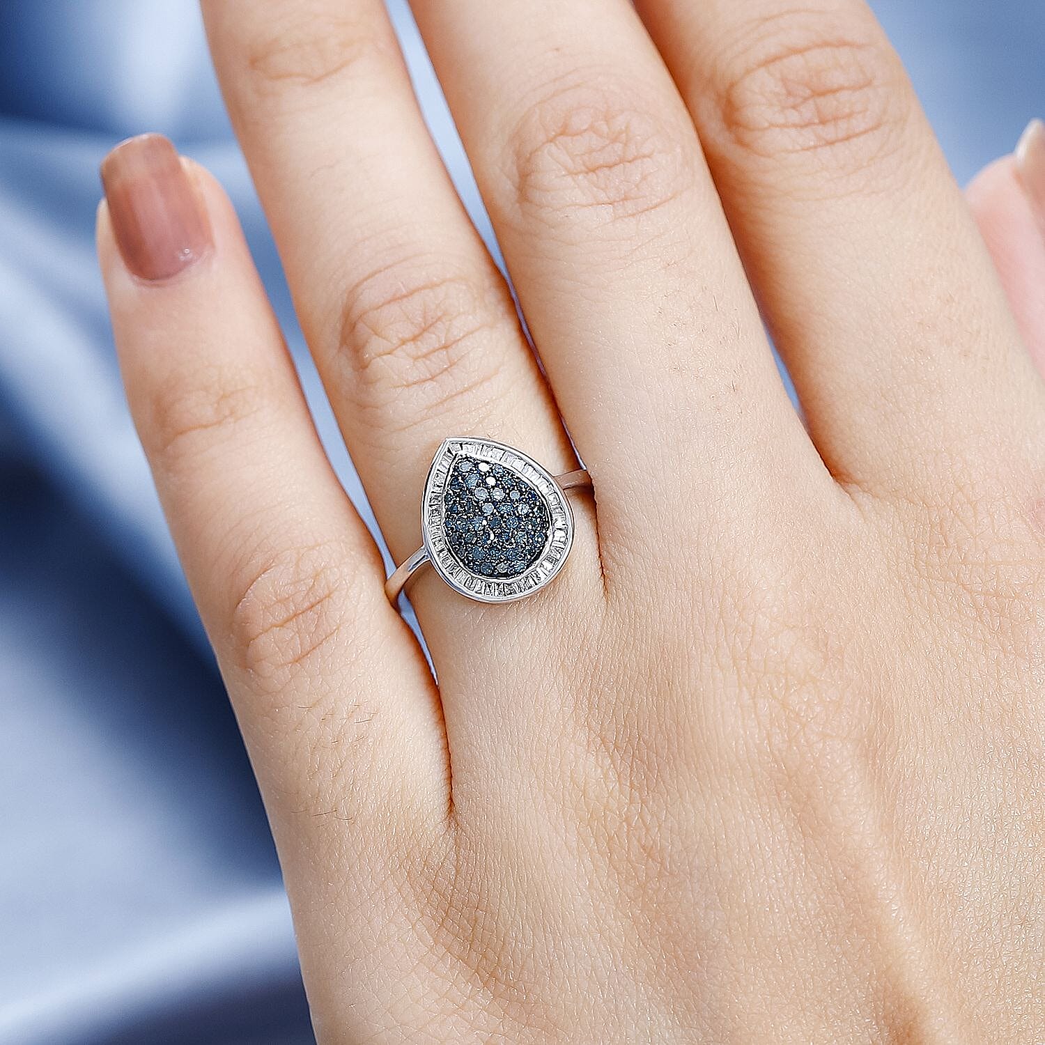 Blue and White Diamond Ring in Platinum Overlay Sterling Silver 0.51 Ct