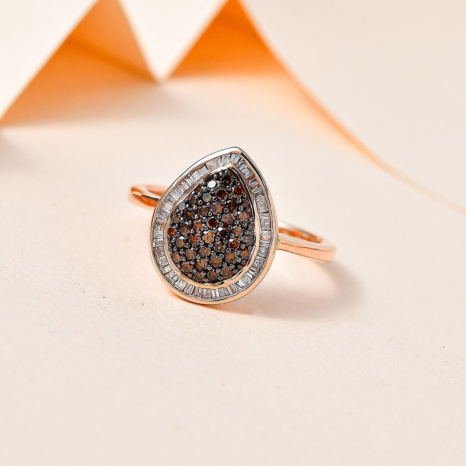 Red & White Diamond Teardrop Ring in 18K Vermeil Rose Gold Plated Sterling Silver 0.50 Ct