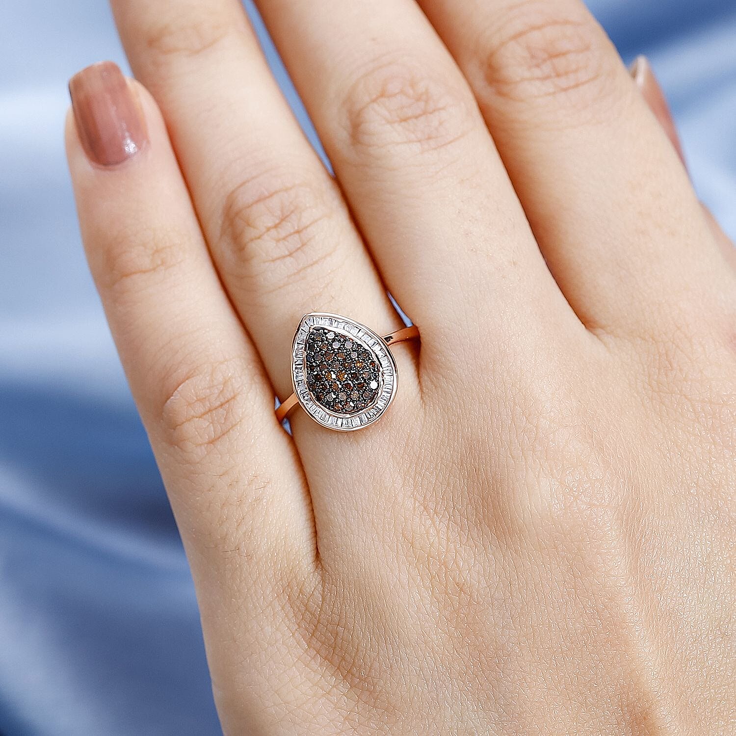 Red & White Diamond Teardrop Ring in 18K Vermeil Rose Gold Plated Sterling Silver 0.50 Ct